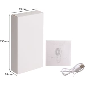 A white box containing a mini fan with an LED light, a USB charging cable, and instruction manual.