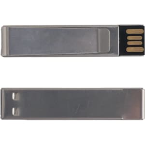 A silver metal clip flash drive with a black end, featuring a logo on one side.
