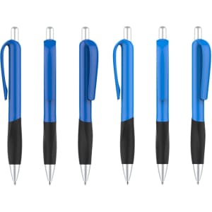 A collection of blue plastic pens with black grips, featuring a clip and a shiny silver tip, arranged in a row.
