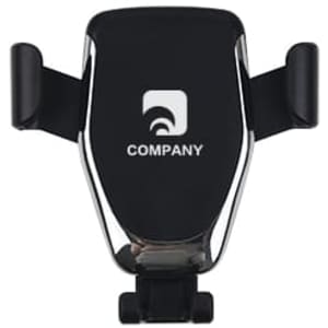 A black wireless car charger with a holder and an accompanying logo.
