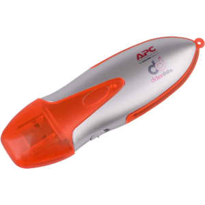 A silver and orange flash drive with a logo and a curved design, featuring a transparent cap.