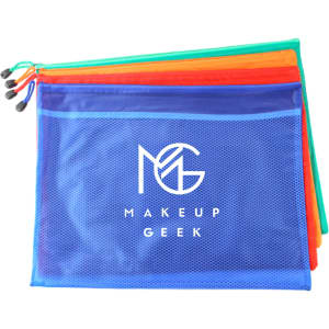 A set of A5 zippered pouch bags in blue, orange, and green, featuring a logo on the front of the blue pouch.