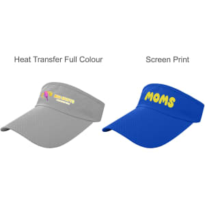 A grey breathable sun visor featuring a logo, alongside a blue visor with "MOMS" printed in yellow.