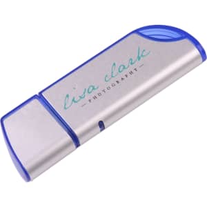A silver and blue flash drive with rounded edges and a branding logo.