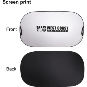 A car shade featuring a white front with a logo and a black back. The shape is oval.
