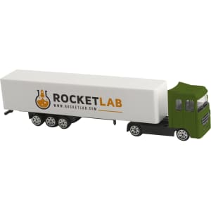 A toy truck in green and white with a branding logo on the side, featuring a long trailer.