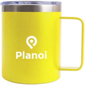 A yellow stainless steel mug with a silver lid and a handle, featuring a logo.