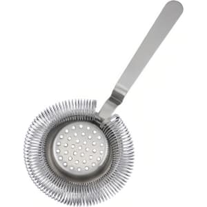 A round cocktail strainer in stainless steel featuring a long handle and fine mesh spirals for straining liquids.