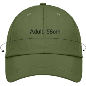 A lightweight cap in olive green with a rounded crown and a curved brim, featuring a logo.