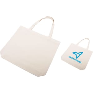 A natural cotton tote bag in a light cream colour, featuring an icon and branding. Two sizes are displayed.