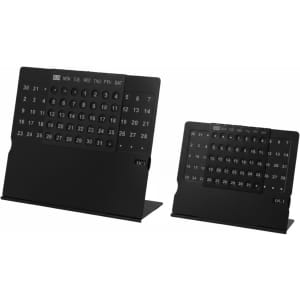 A black aluminium desk calendar featuring a flip display for days and dates, available in two sizes.