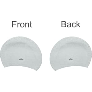 A silicone swimming cap in a light grey hue, featuring a textured design, with front and back views displayed.