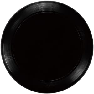 A black frisbee with a smooth surface and a slight rim, featuring a logo in the middle.