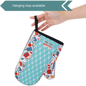 A neoprene oven mitt with a colourful design featuring kitchen-themed illustrations and a hanging loop.