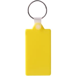 A rectangular hard plastic keyring in bright yellow, featuring a silver keyring attachment.