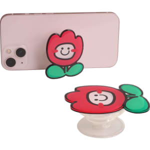 A custom-shaped acrylic phone pop holder featuring a red flower design, displayed on a smartphone.