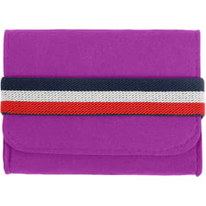 A purple felt travel organiser with a striped elastic band in red, white, and navy. It features a logo.