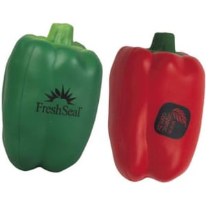 A green and a red capsicum-shaped stress reliever, featuring logos on both.