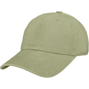 A premium washed cotton baseball cap in a muted green shade, featuring a rounded crown and a curved brim.