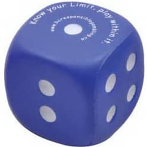 A blue cube-shaped stress reliever with white dots and a logo on top.