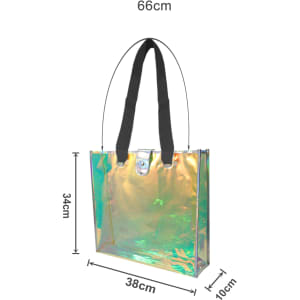 An iridescent clear tote bag with black straps, featuring measurements of 66cm x 38cm x 10cm.