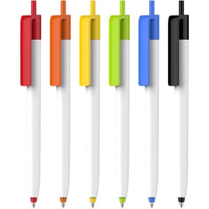 A selection of plastic push button pens with creamy white barrels and coloured grips: red, orange, yellow, green, blue, and black.