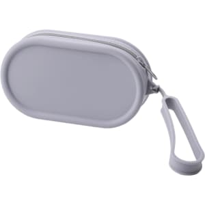 A round grey silicone storage bag with a zip closure and a wrist strap. It features a logo on one side.