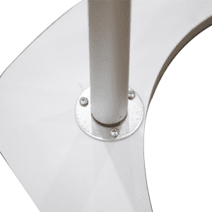 A white and silver base with a metal pole support, part of a Square Popup Booth structure.