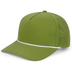 A green mesh back cap with a curved brim and a reflective band around the front, featuring a logo.