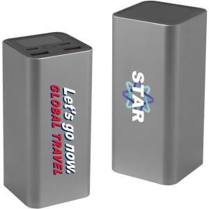 A grey power bank featuring multiple ports and a logo, designed for charging devices on the go.