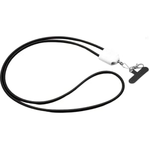 A black lanyard with a white connector and a clip at one end, designed for holding various items.