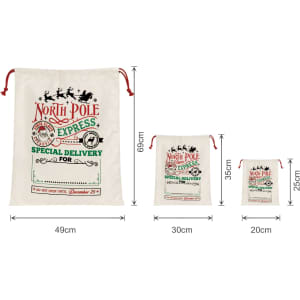 Flax linen drawstring bags in cream, featuring a festive design and various sizes: large, medium, and small.