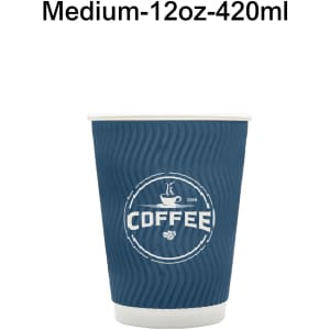 A compostable paper cup in dark blue with a ribbed texture, featuring a logo and design related to coffee.