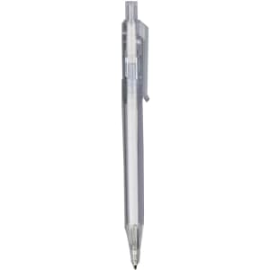 A transparent barrel pen with a silver clip and black ink tip, featuring a logo on the body.