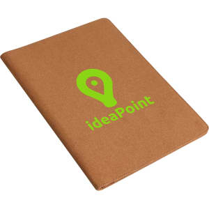 A4 cork folder in a natural brown hue, featuring a green logo on the front.