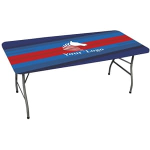 A rectangular table topper featuring blue, red, and white stripes with a logo, designed for a 4ft table.