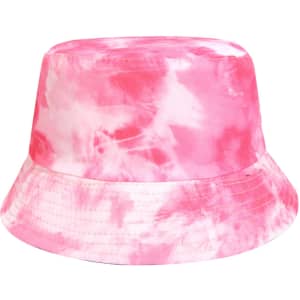 A tie dye bucket hat in shades of pink, featuring a wide brim and a soft fabric. It has a logo on the side.