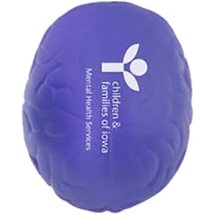 A purple brain-shaped stress reliever with a logo on one side.