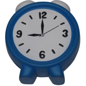 A blue and white alarm clock shaped stress reliever featuring a clock face with numbers and hands, and a logo.