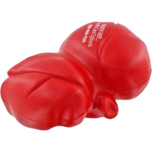 A red lung-shaped stress reliever with a smooth texture and a logo on one side.