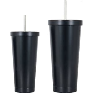 A drink bottle set featuring two black stainless steel tumblers with straws, in sizes of 480ML and 650ML.