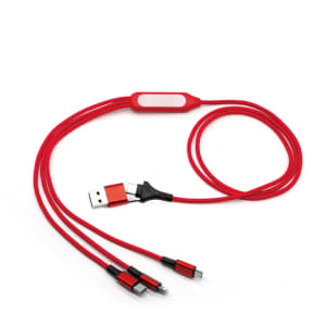 A red 6-in-1 charging cable featuring multiple connectors and a central hub, with a logo on the hub.