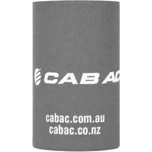 A grey stubby holder featuring a logo, ideal for keeping drinks insulated.