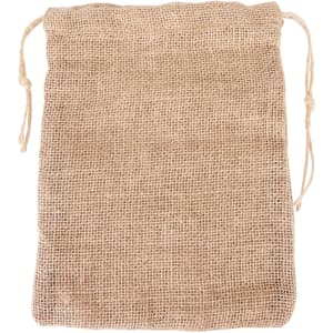 A jute net produce bag in a natural beige colour with drawstring closure. Features a simple and textured design.