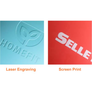 A close-up of two promotional items featuring laser engraving and screen print in teal and red colours.