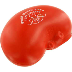 Red kidney-shaped stress reliever with a logo on its surface.