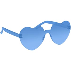 Heart-shaped sunglasses with blue lenses and blue transparent frames. Features a logo on the side.