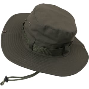 An olive green outdoor brim hat with a wide brim and adjustable chin strap. It features metal eyelets and a fabric band.