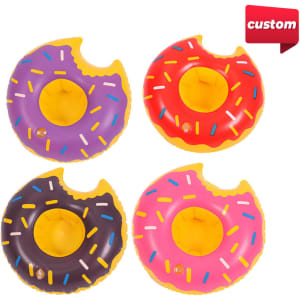 A set of four inflatable cup holders shaped like donuts, featuring colours of purple, red, yellow, and pink with sprinkles.