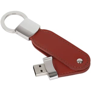 A red leather swivel flash drive with a silver keyring and connector, designed for tech storage.